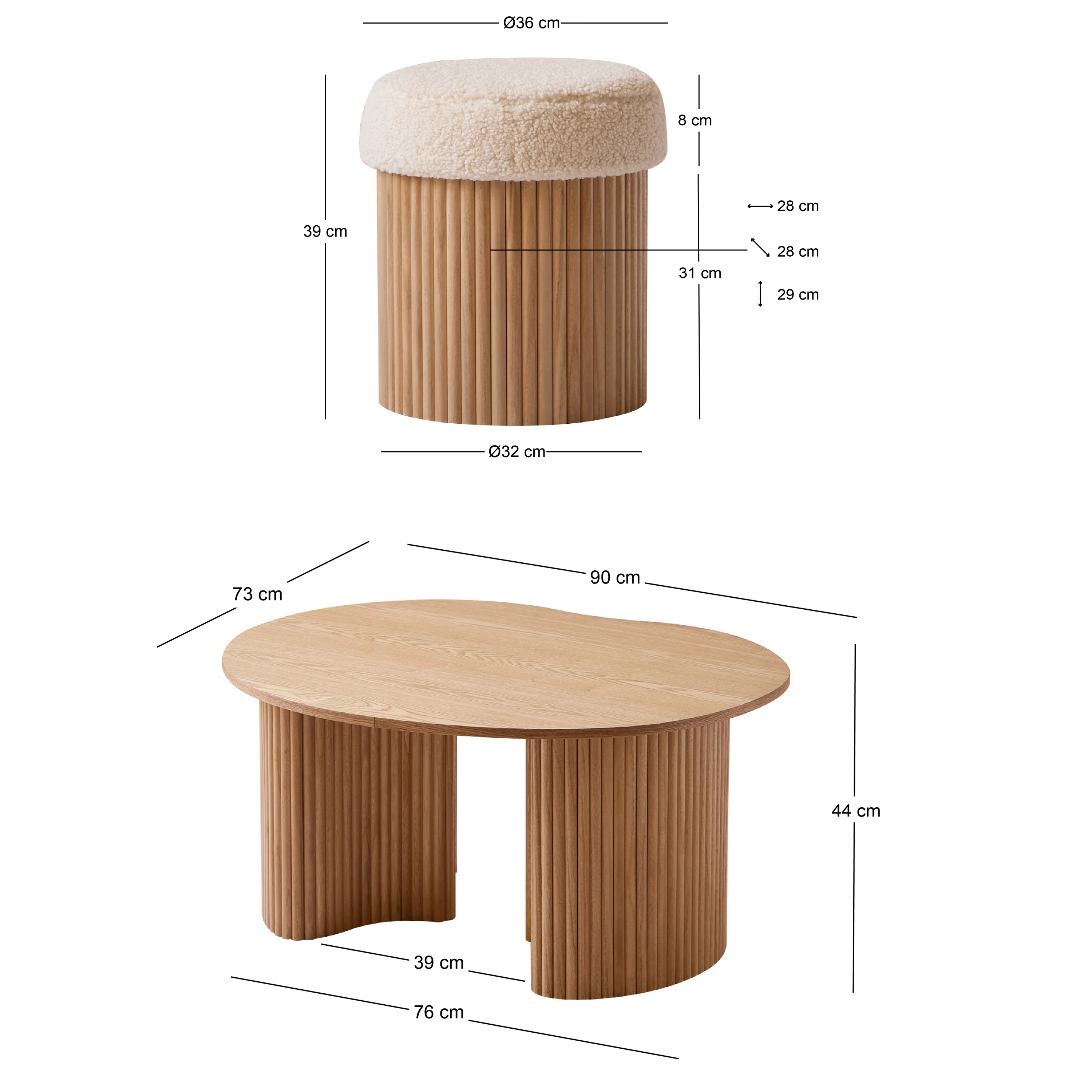 ARVIKA - Set d'une table basse en bois et 2 poufs en bouclettes blanches - Image 4