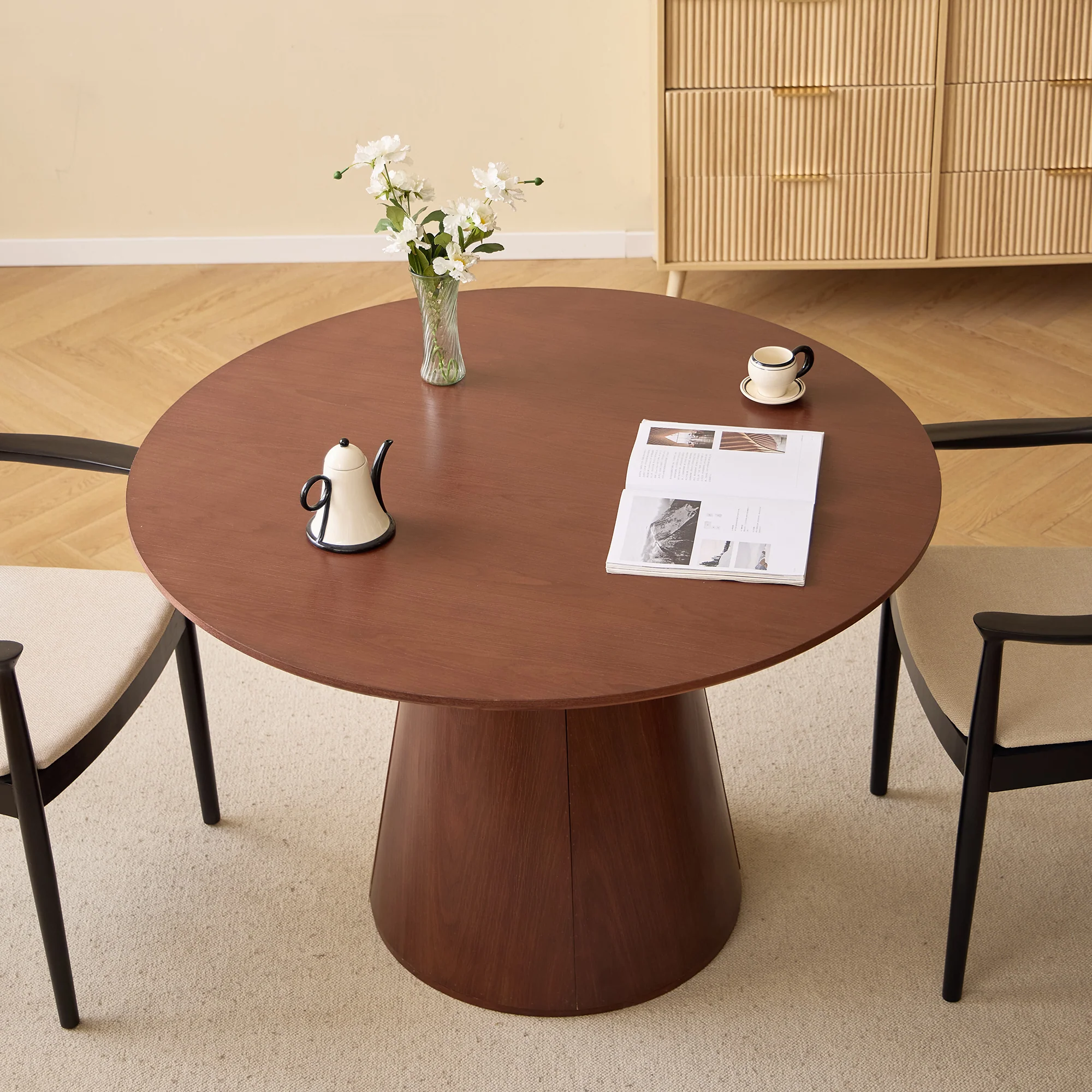 CALI - Table à manger 6 personnes ronde en bois de noyer - Image 8