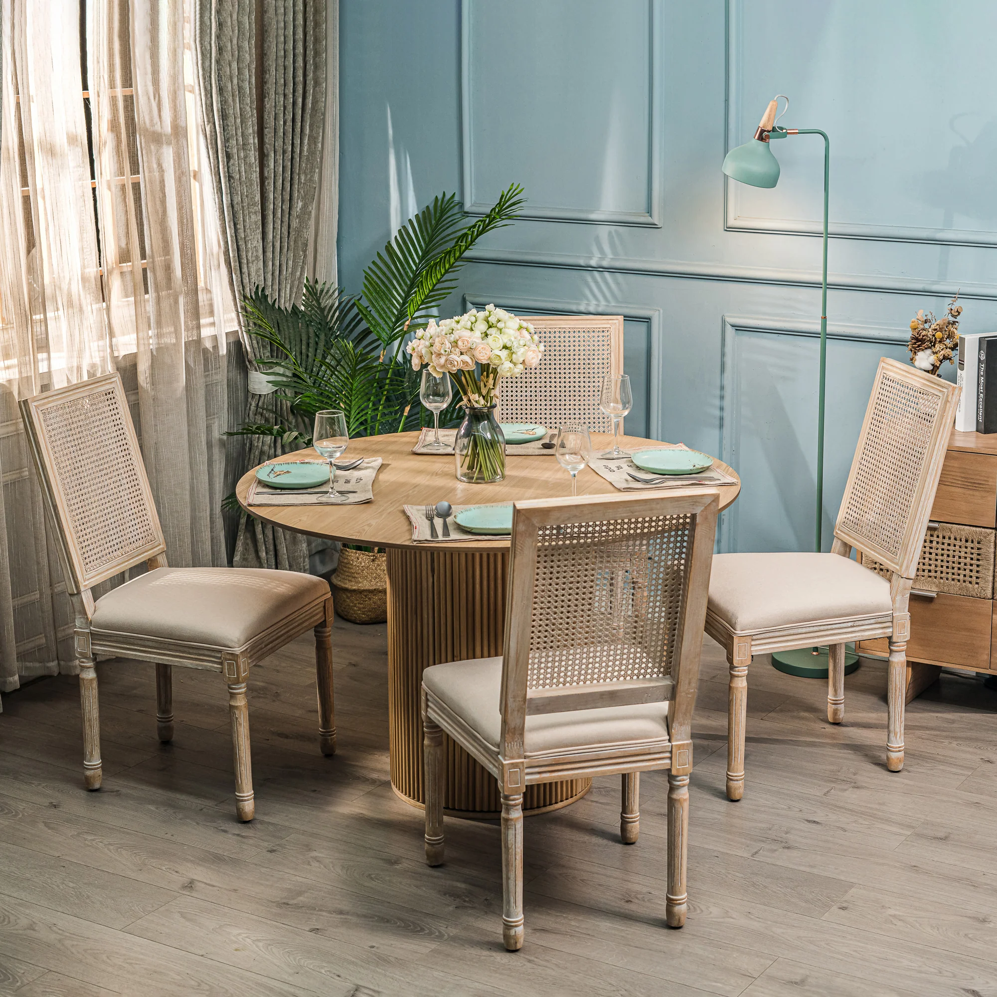 CAMBRIDGE - Lot de 2 chaises en bois et cannage avec assise en tissu beige - Image 3
