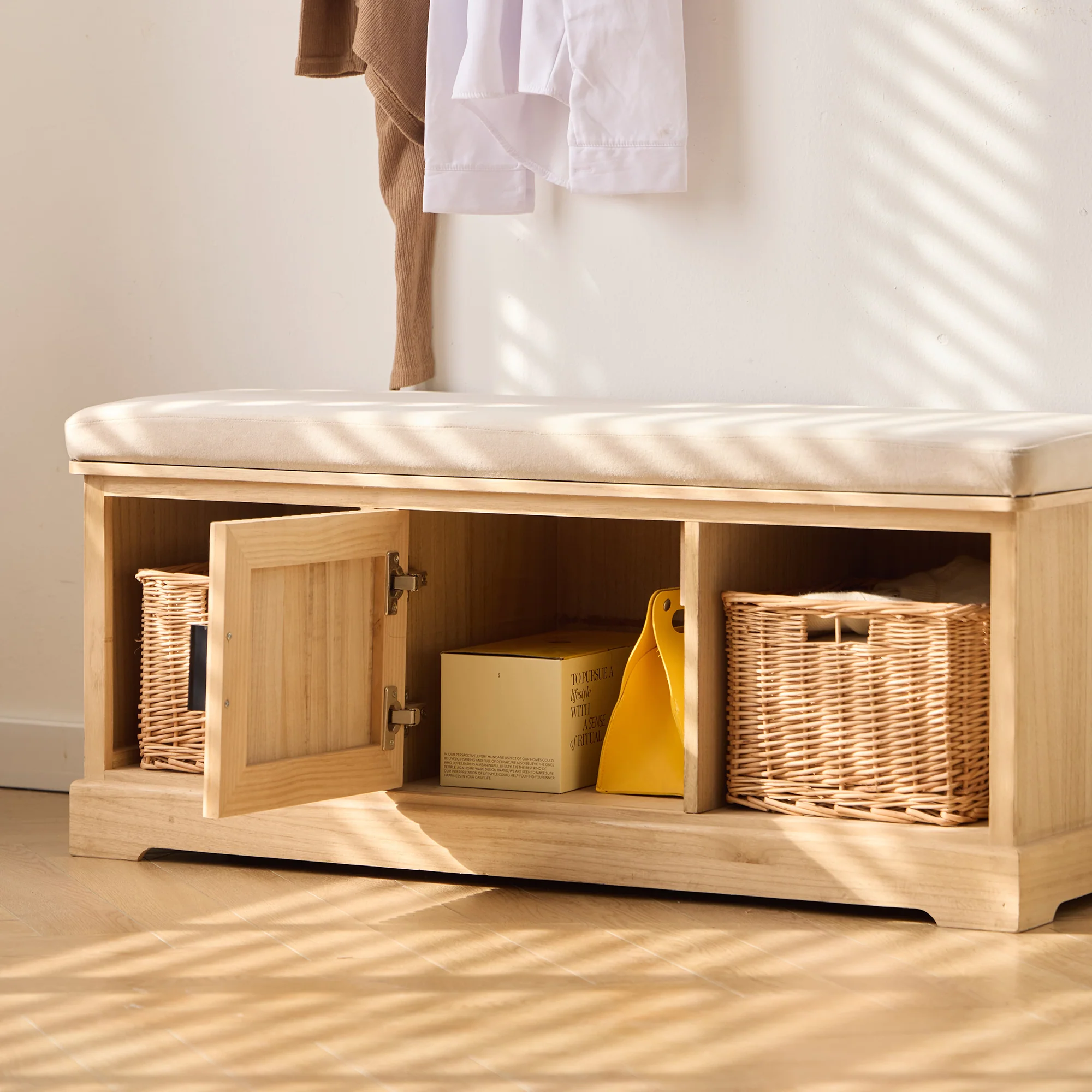 CHIBA - Banc avec rangements en bois et velours beige - Image 4
