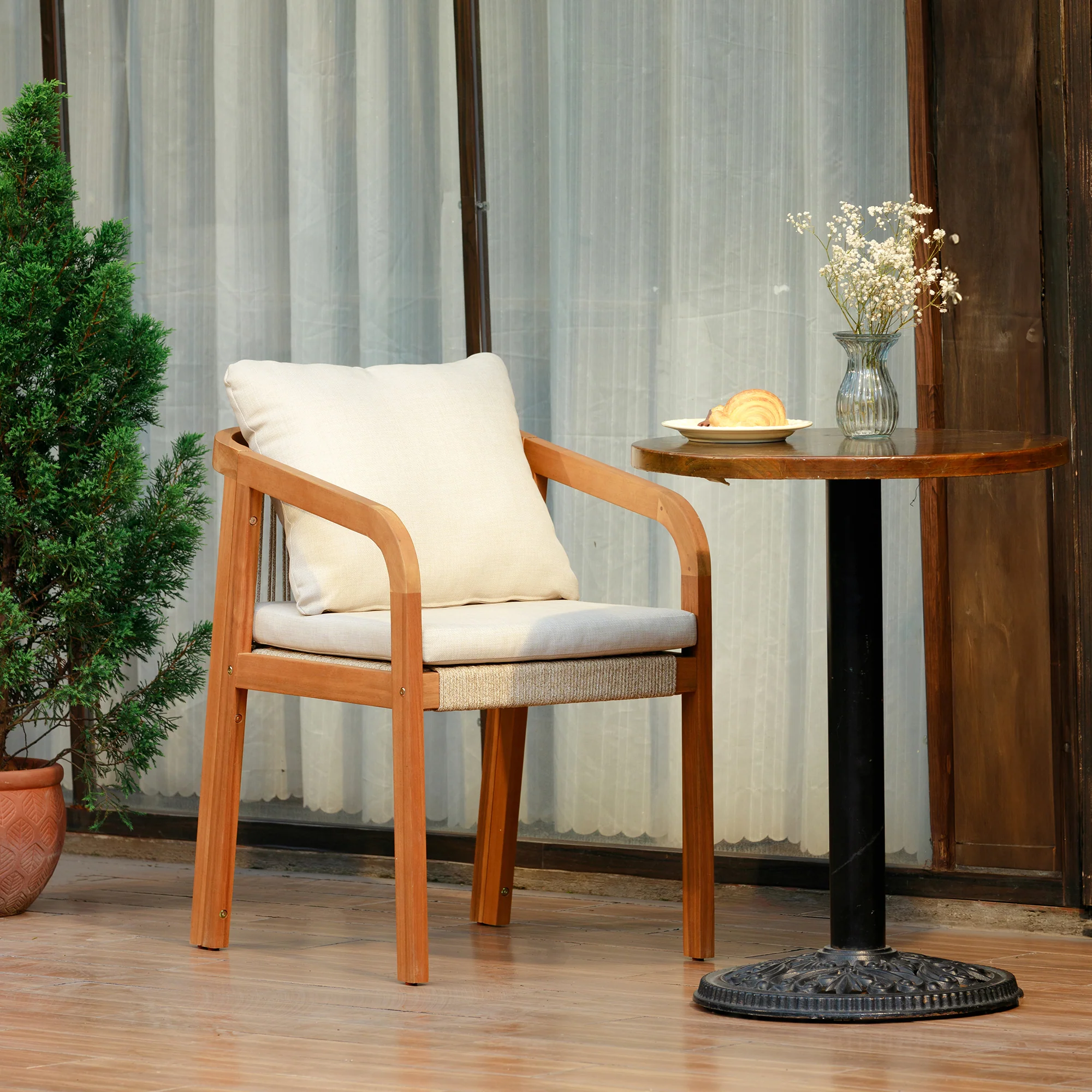 DELGADO - Lot de 2 chaises de jardin en bois massif et tissu beige - Image 2