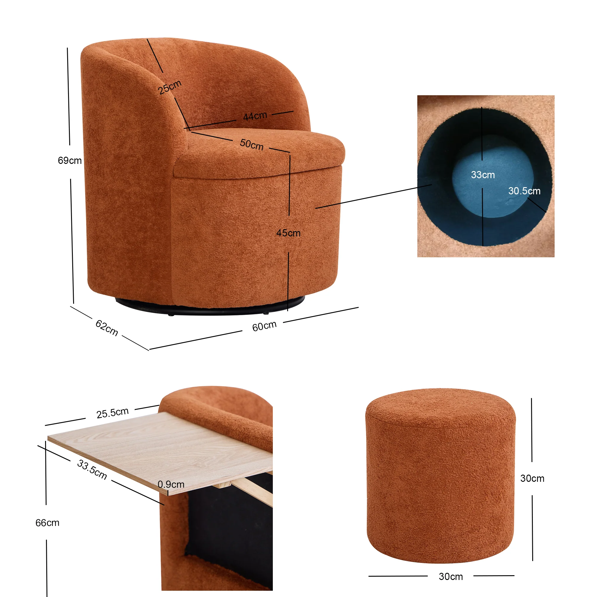 HALMSTAD - Fauteuil de salon pivotant et pouf en tissu terracotta - Image 4