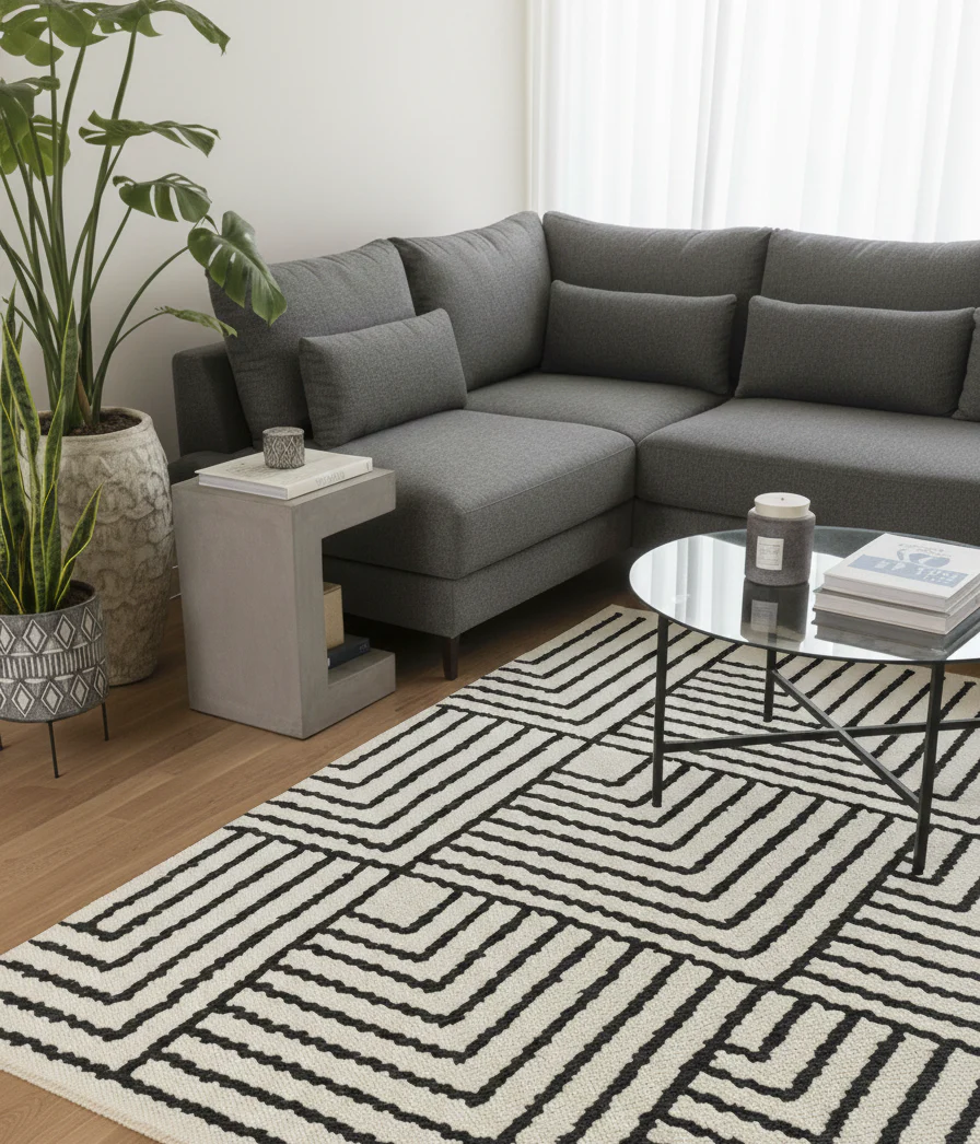 KEVO - Tapis rectangulaire en coton avec motifs beiges et noirs 120 x 180 cm - Image 5