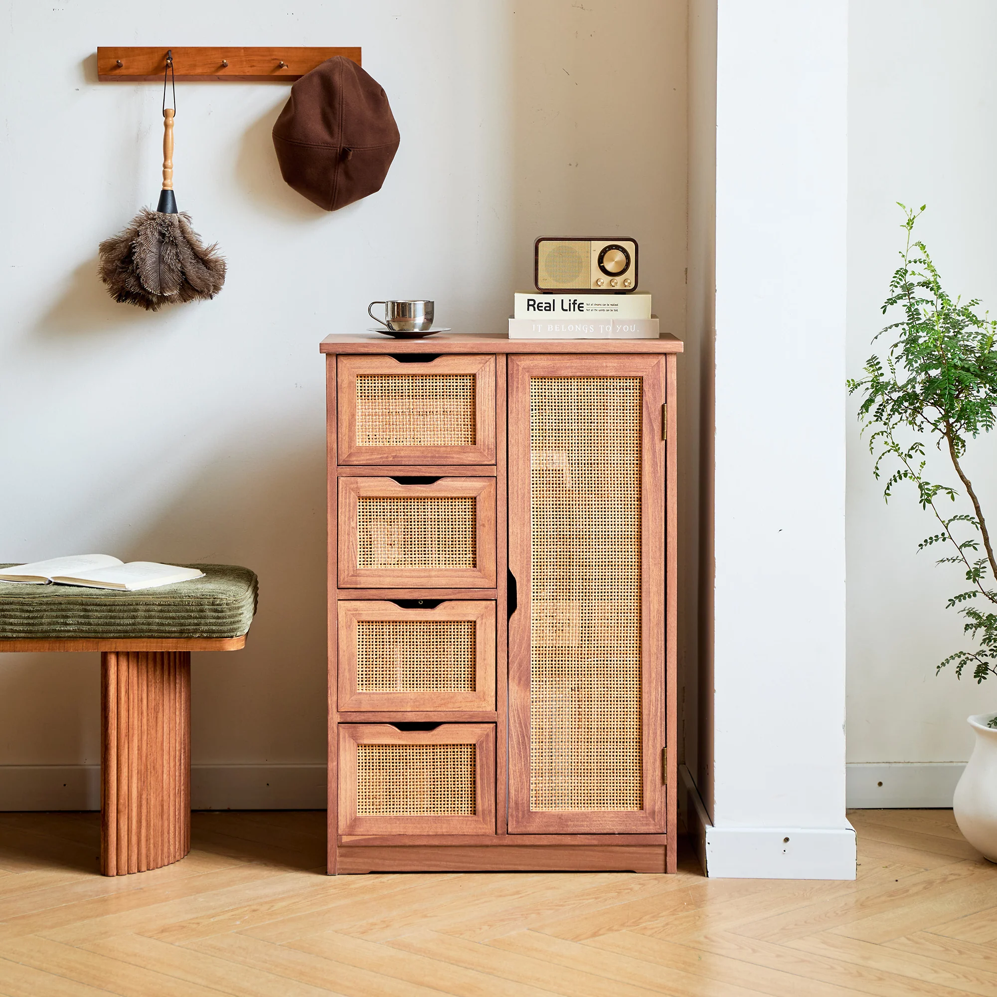 KIEL - Buffet meuble de rangement en bois de noyer et rotin - Image 3