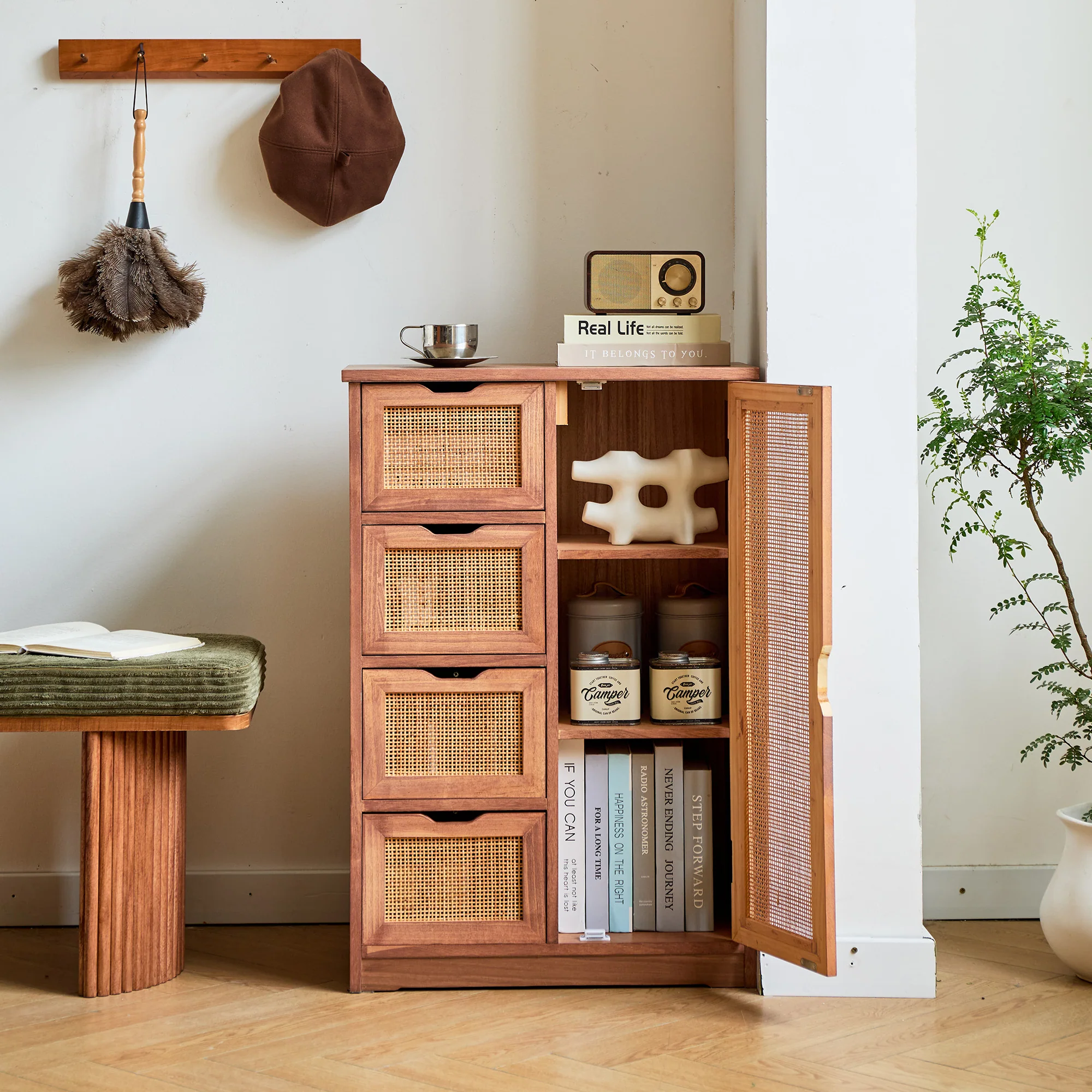 KIEL - Buffet meuble de rangement en bois de noyer et rotin - Image 6