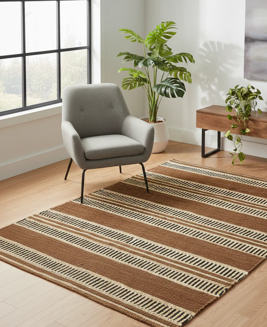KUOPIO - Tapis rectangulaire en coton avec motifs marrons et écrus 120 x 180 cm - Image 3