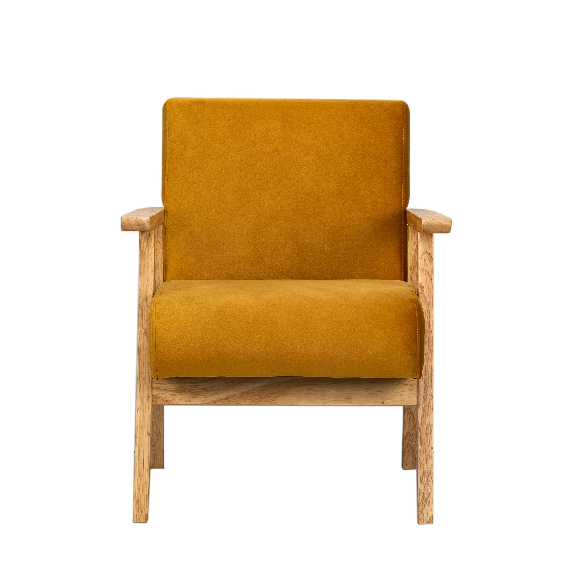 LOUIS - Fauteuil de salon en bois massif et velours jaune moutarde - Image 4