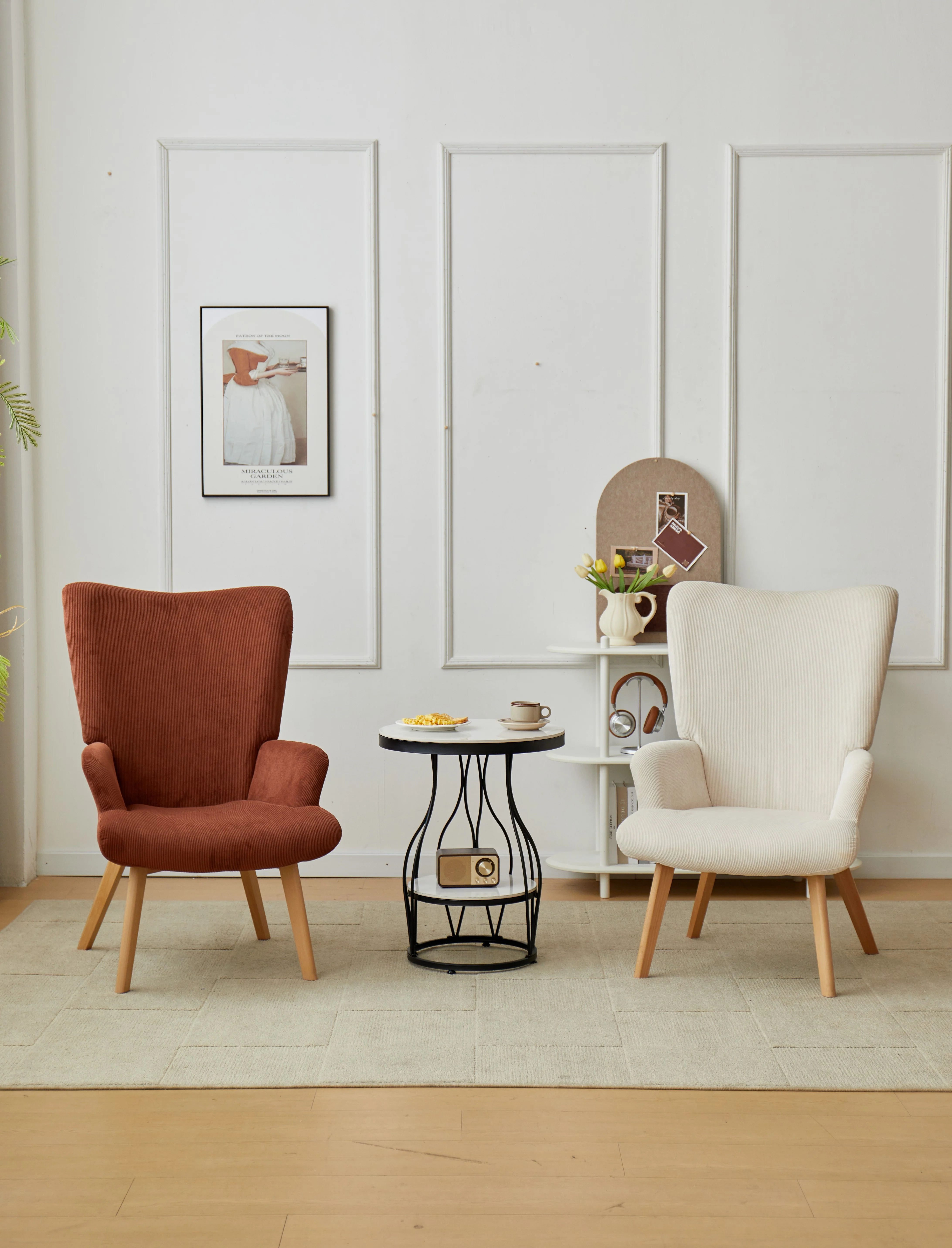 MALMO - Fauteuil de salon en bois massif et velours côtelé beige - Image 3