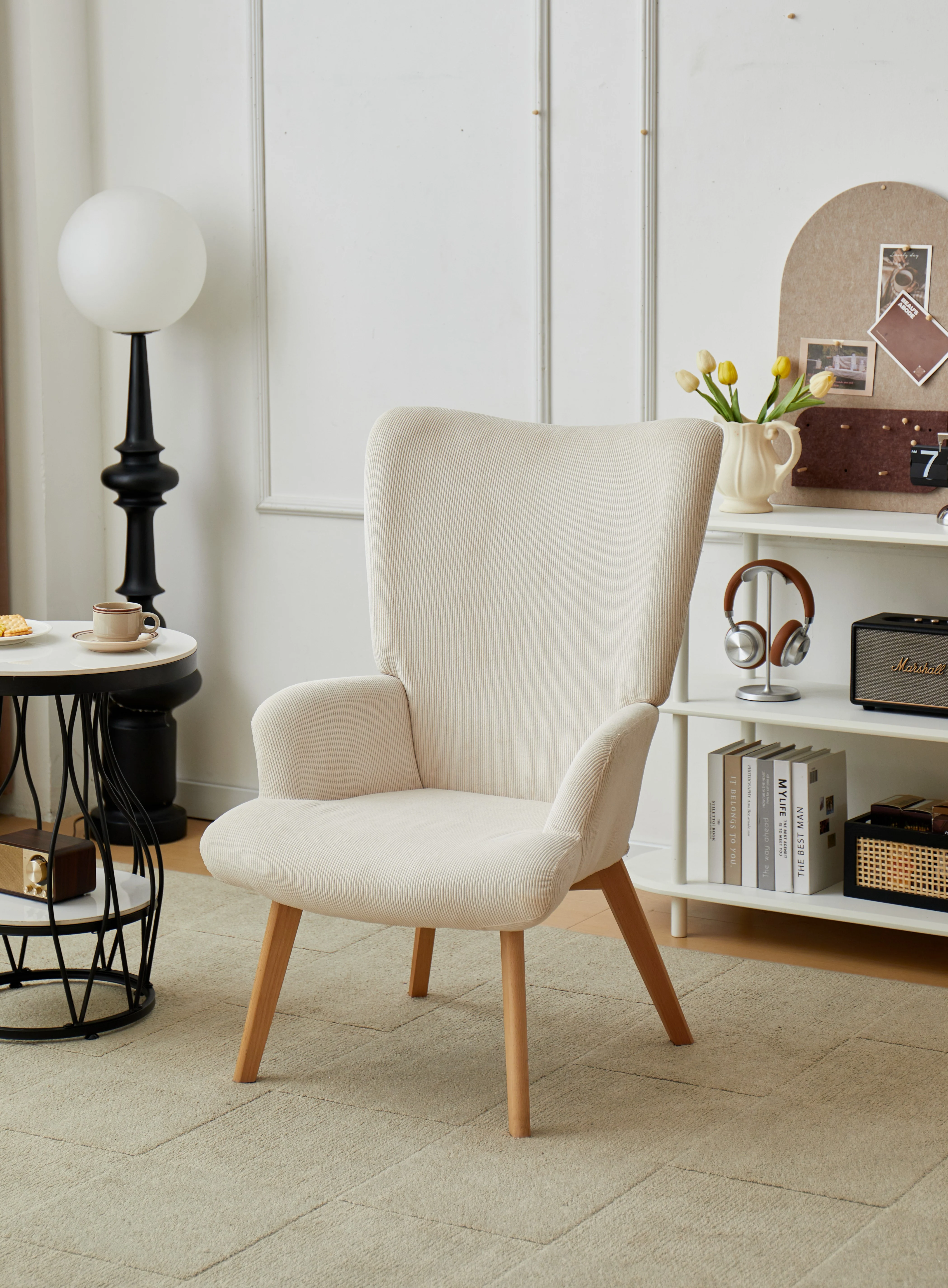 MALMO - Fauteuil de salon en bois massif et velours côtelé beige - Image 7
