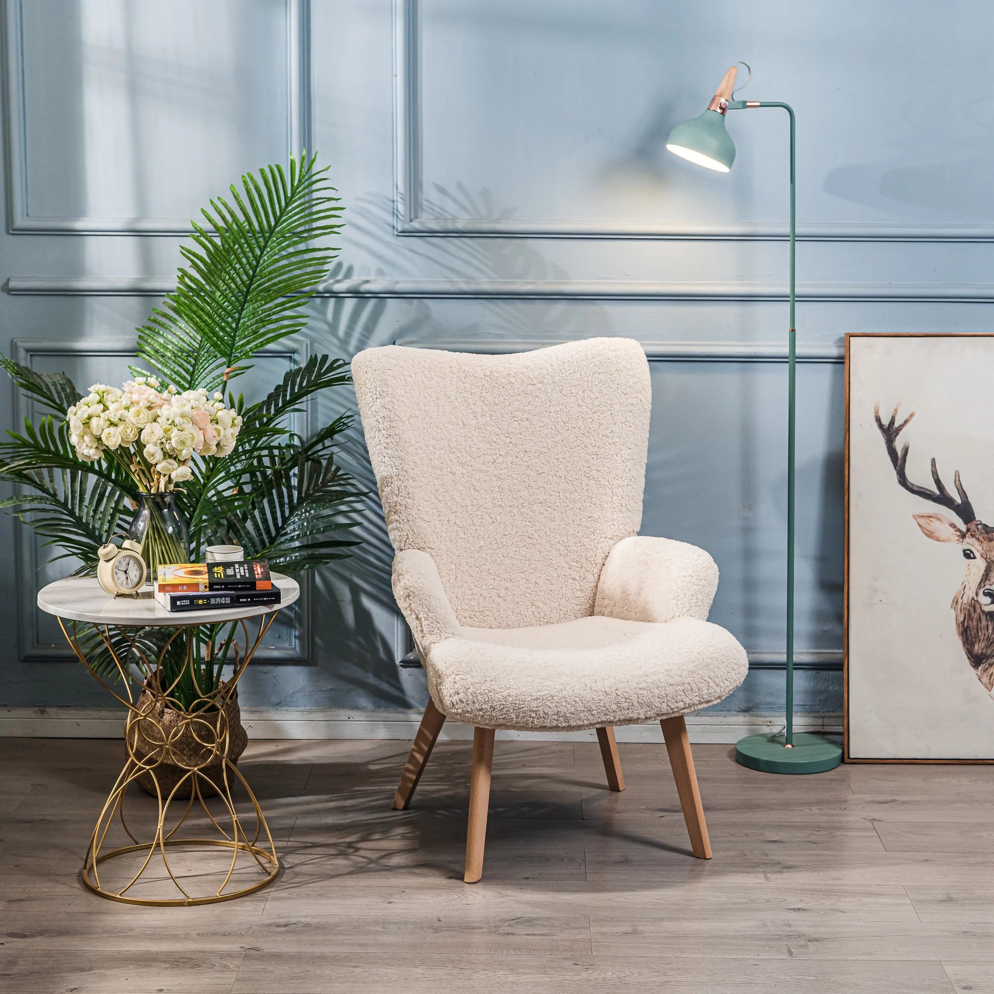 MALMO - Fauteuil de salon en bois massif et bouclettes blanches - Image 8