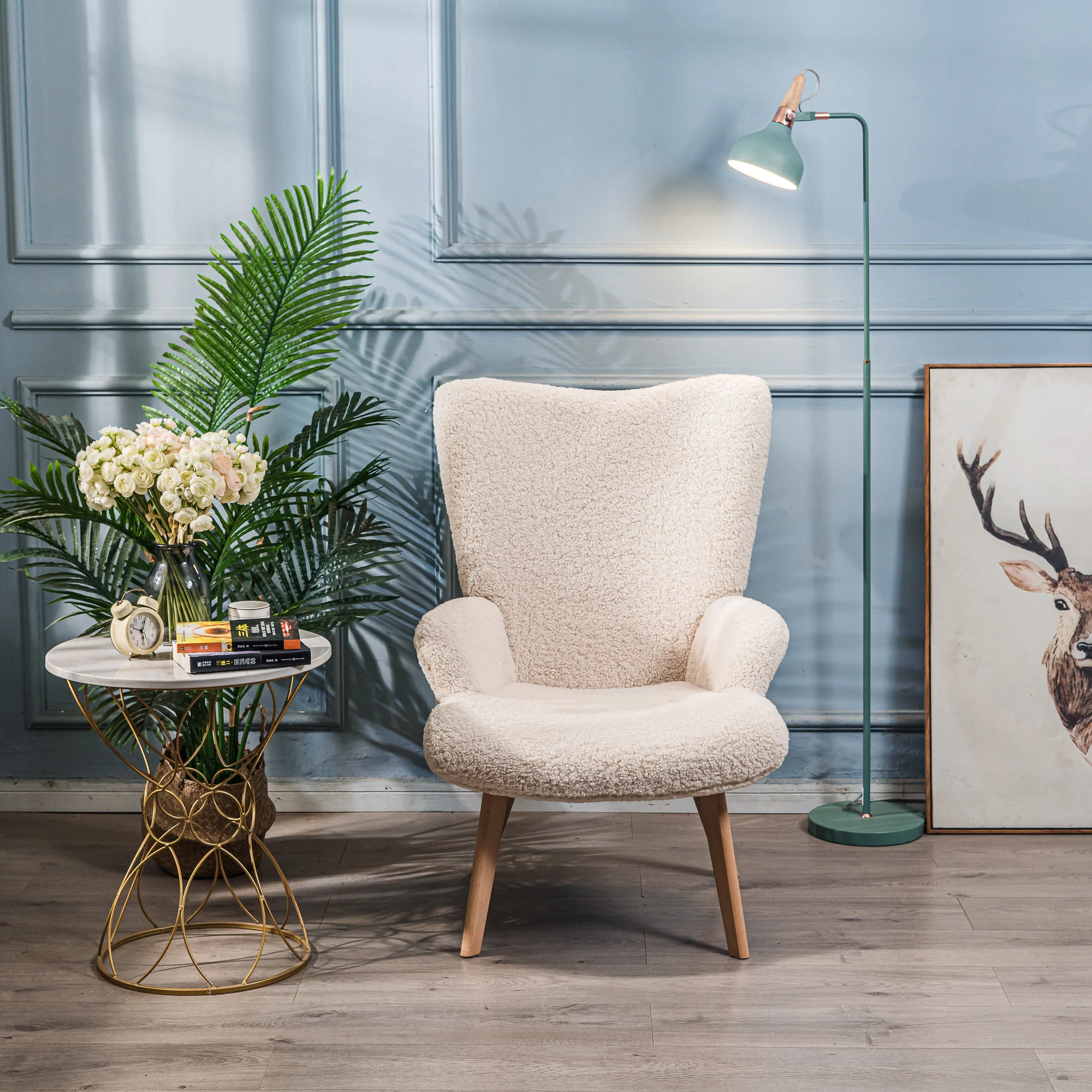 MALMO - Fauteuil de salon en bois massif et bouclettes blanches - Image 9