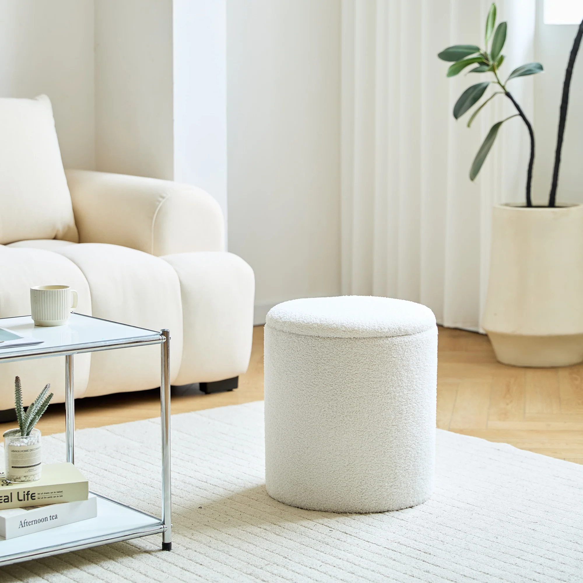 NARVIK - Set de 3 poufs avec rangement en bois et bouclettes blanches - Image 6