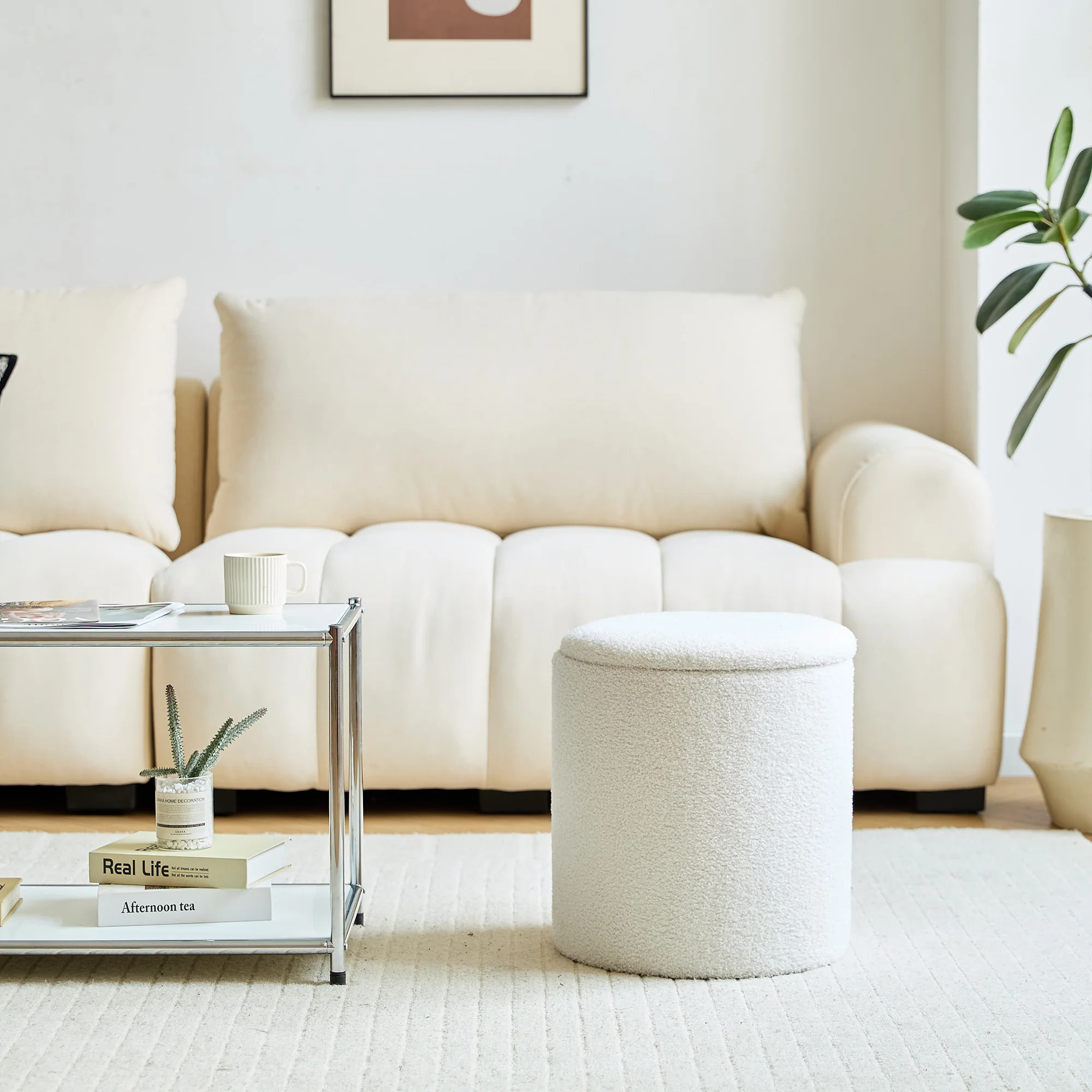 NARVIK - Set de 3 poufs avec rangement en bois et bouclettes blanches - Image 7