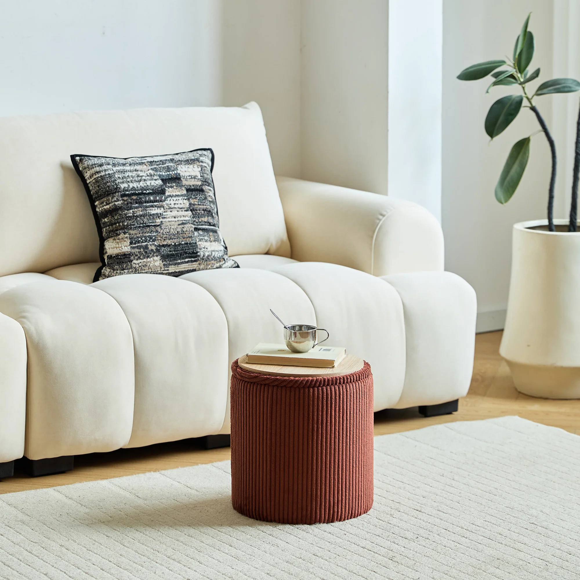 NARVIK - Set de 3 poufs avec rangement en bois et velours côtelé terracotta - Image 10