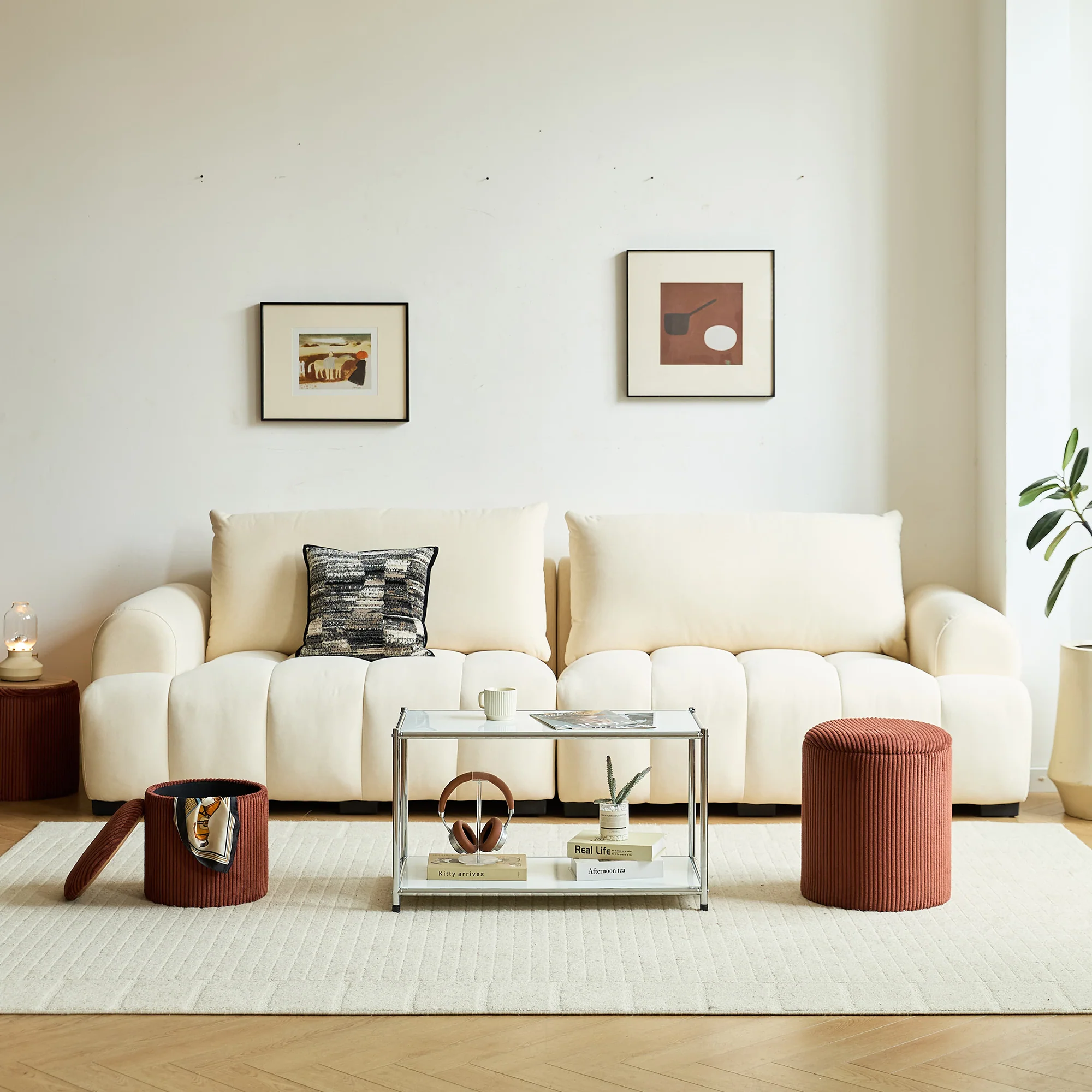 NARVIK - Set de 3 poufs avec rangement en bois et velours côtelé terracotta - Image 5