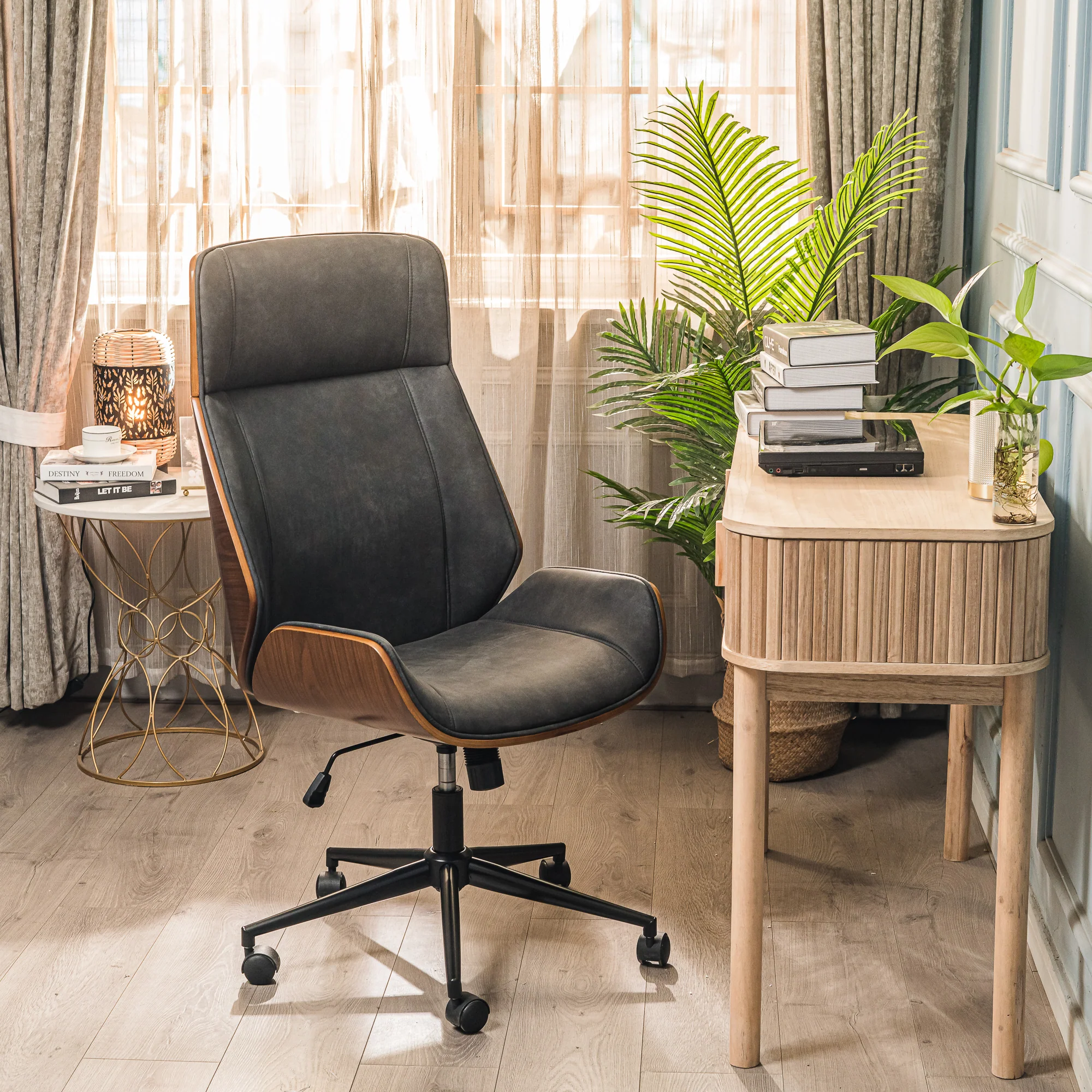 VICTORIA - Chaise de bureau en bois et suèdine noir - Image 2