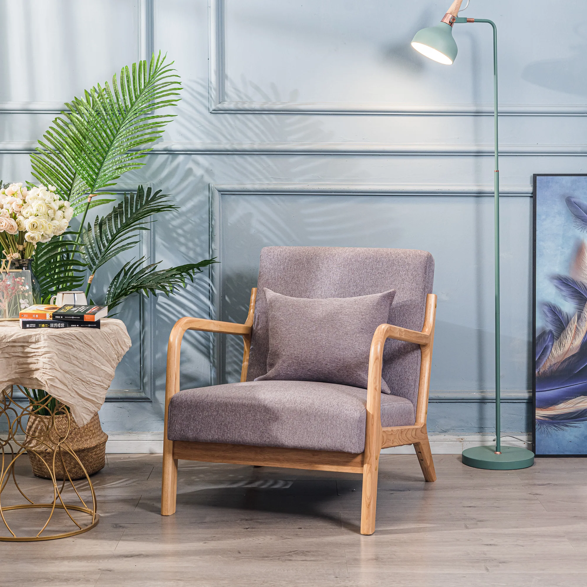 OHAMA - Fauteuil de salon en bois massif et tissu gris - Image 7