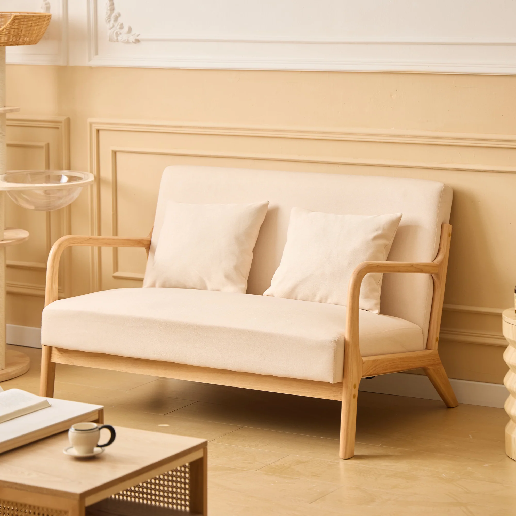 OHAMA - Banquette scandinave 2 places en bois et tissu beige - Image 2