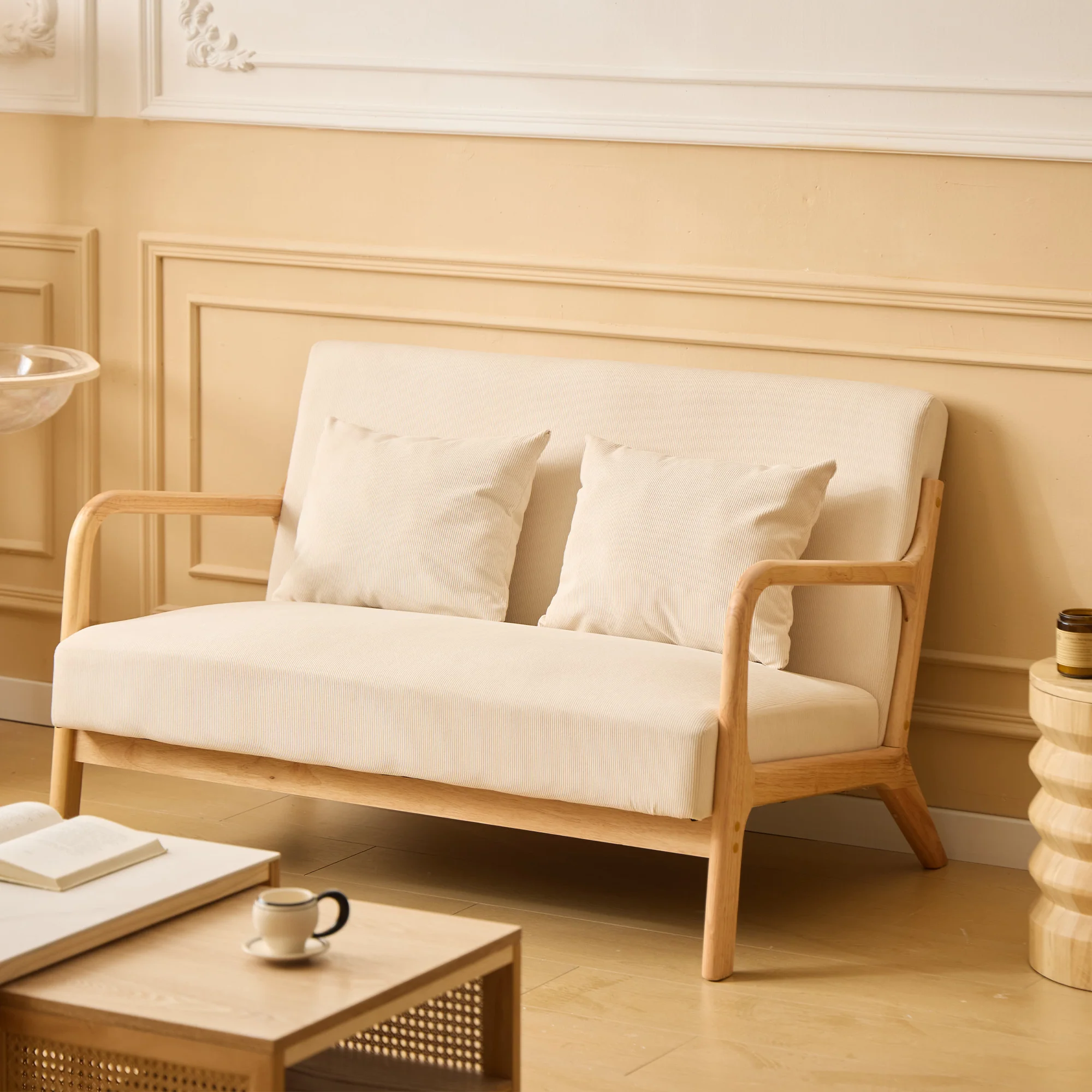 OHAMA - Banquette scandinave 2 places en bois et velours côtelé beige - Image 2