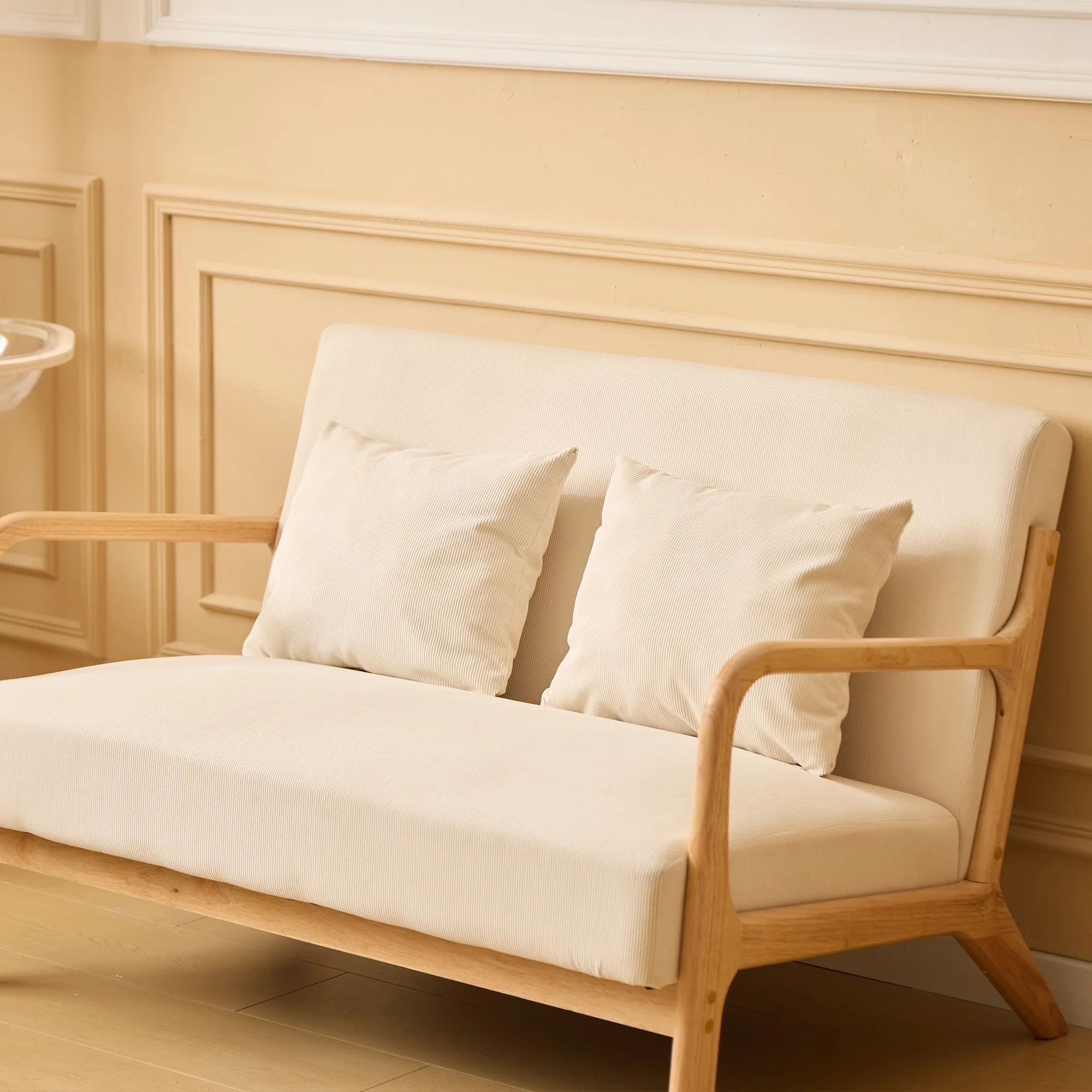 OHAMA - Banquette scandinave 2 places en bois et velours côtelé beige - Image 3