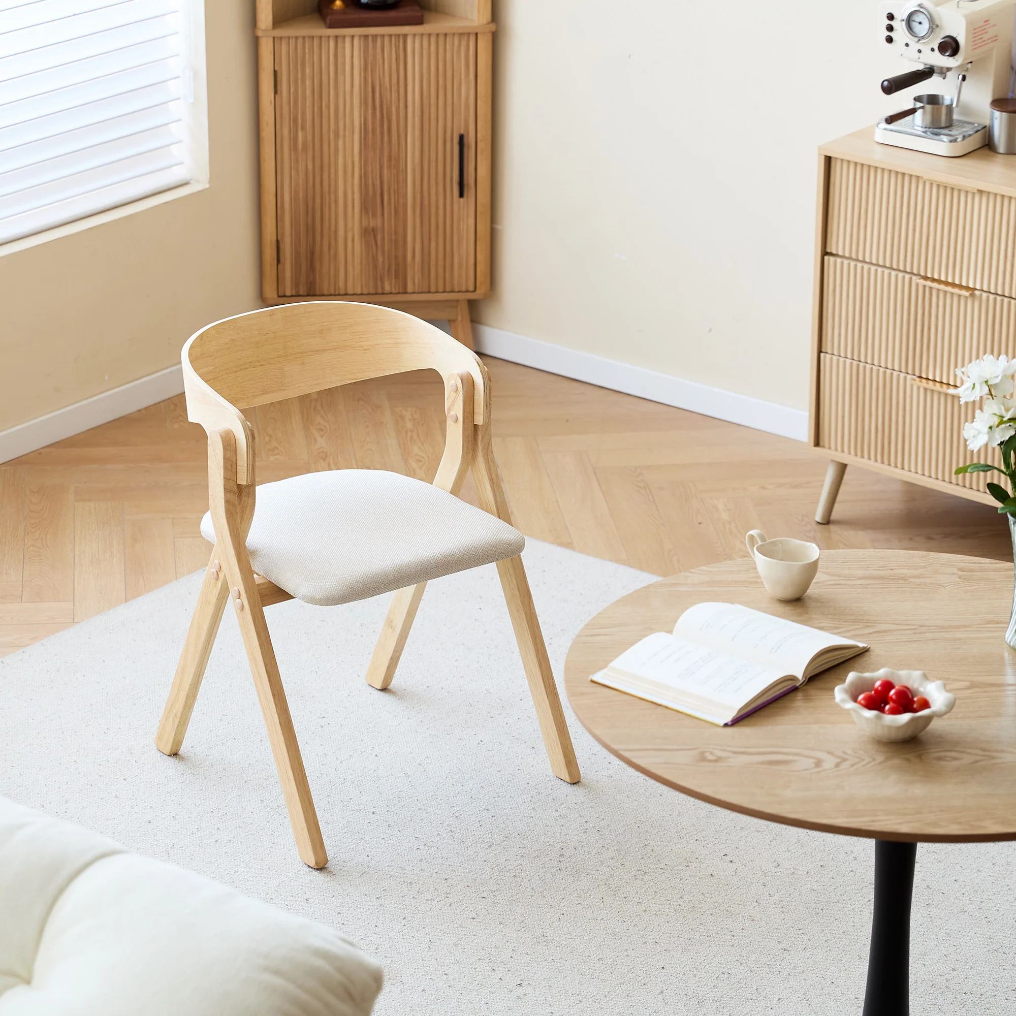 PORI - Lot de 2 chaises de salle à manger en bois massif et tissu beige - Image 5