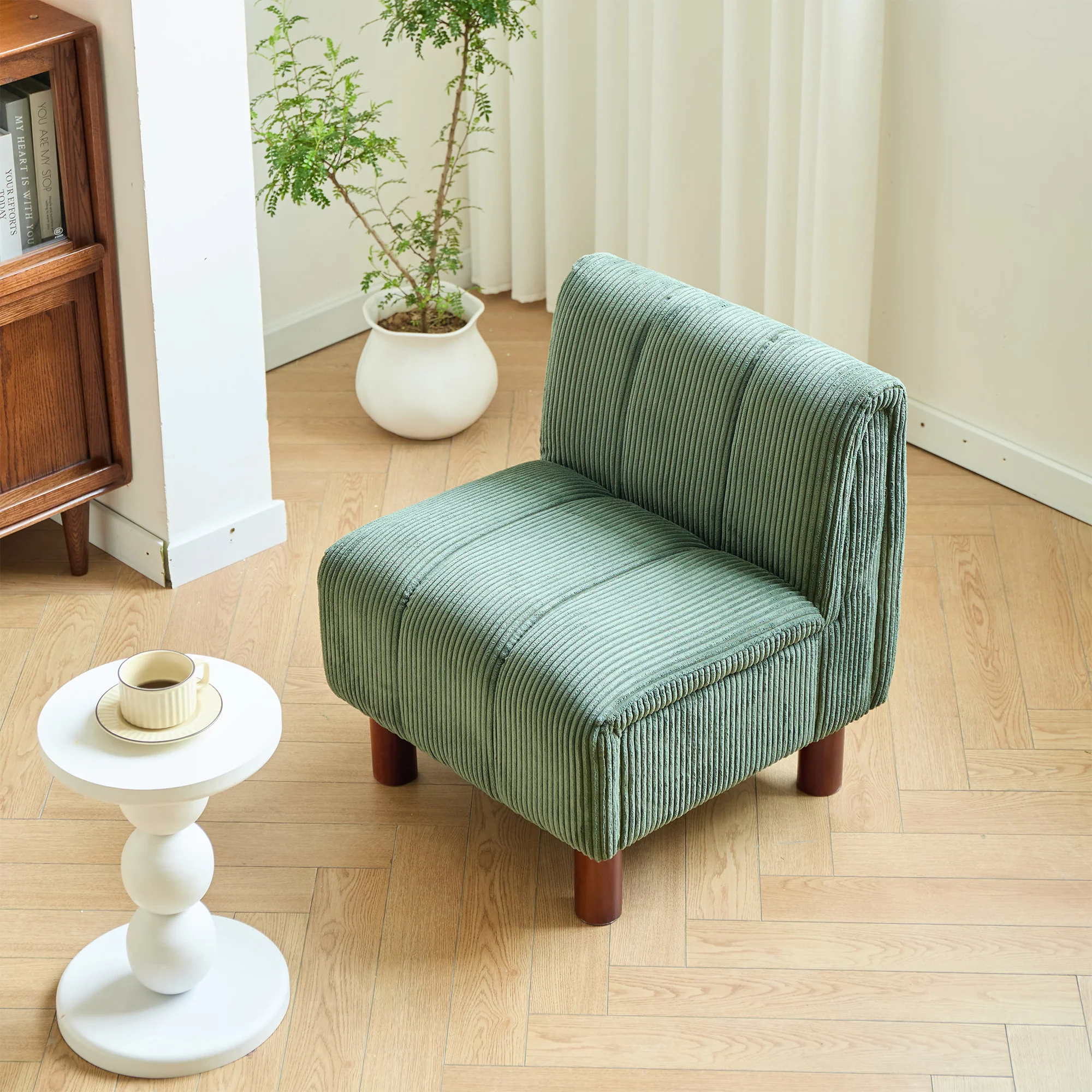PORTO - Fauteuil de salon en bois massif et velours côtelé vert - Image 5