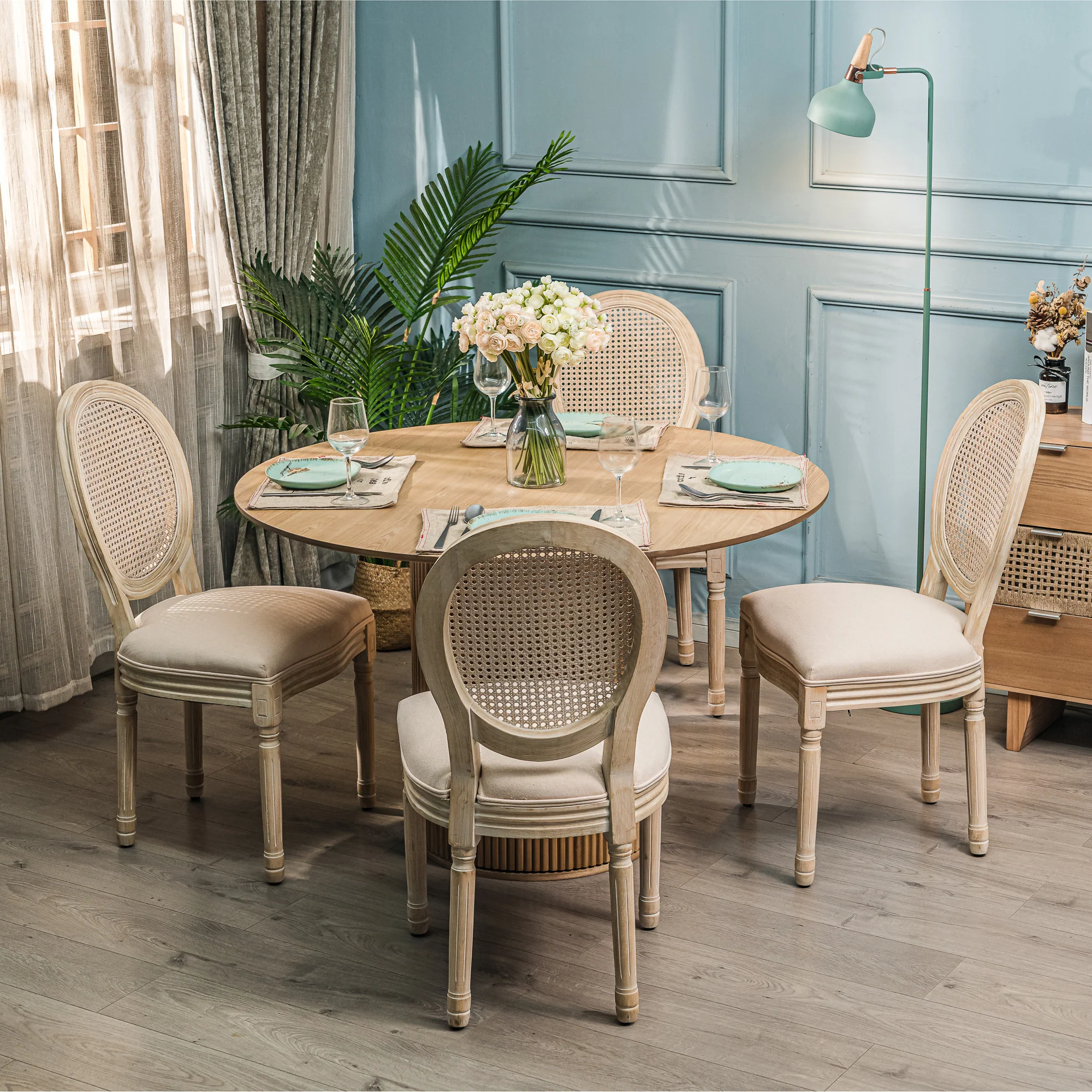 RICHELIEU - Lot de 2 chaises en bois et cannage avec assise en tissu beige - Image 3