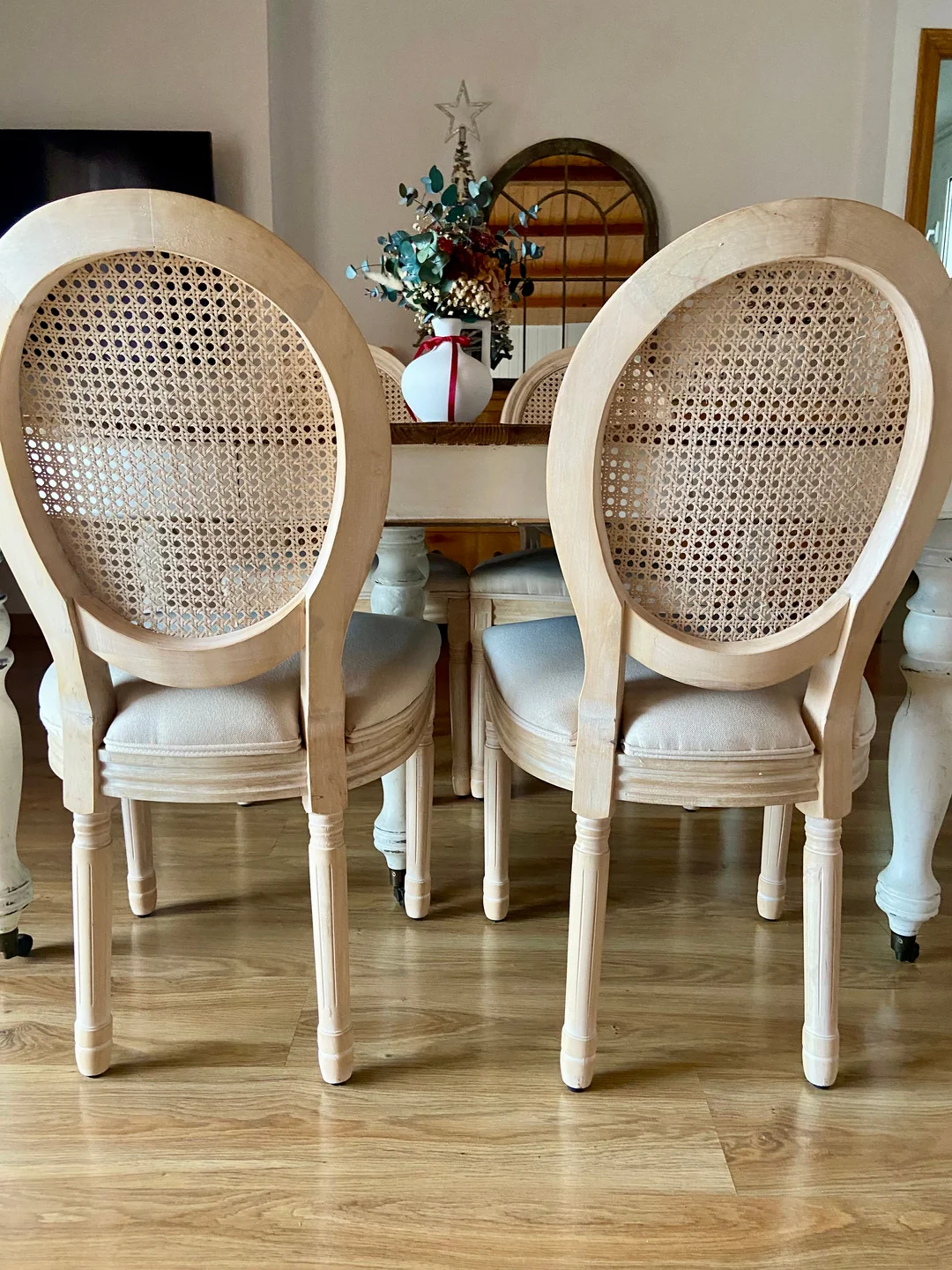 RICHELIEU - Lot de 2 chaises en bois et cannage avec assise en tissu beige - Image 8