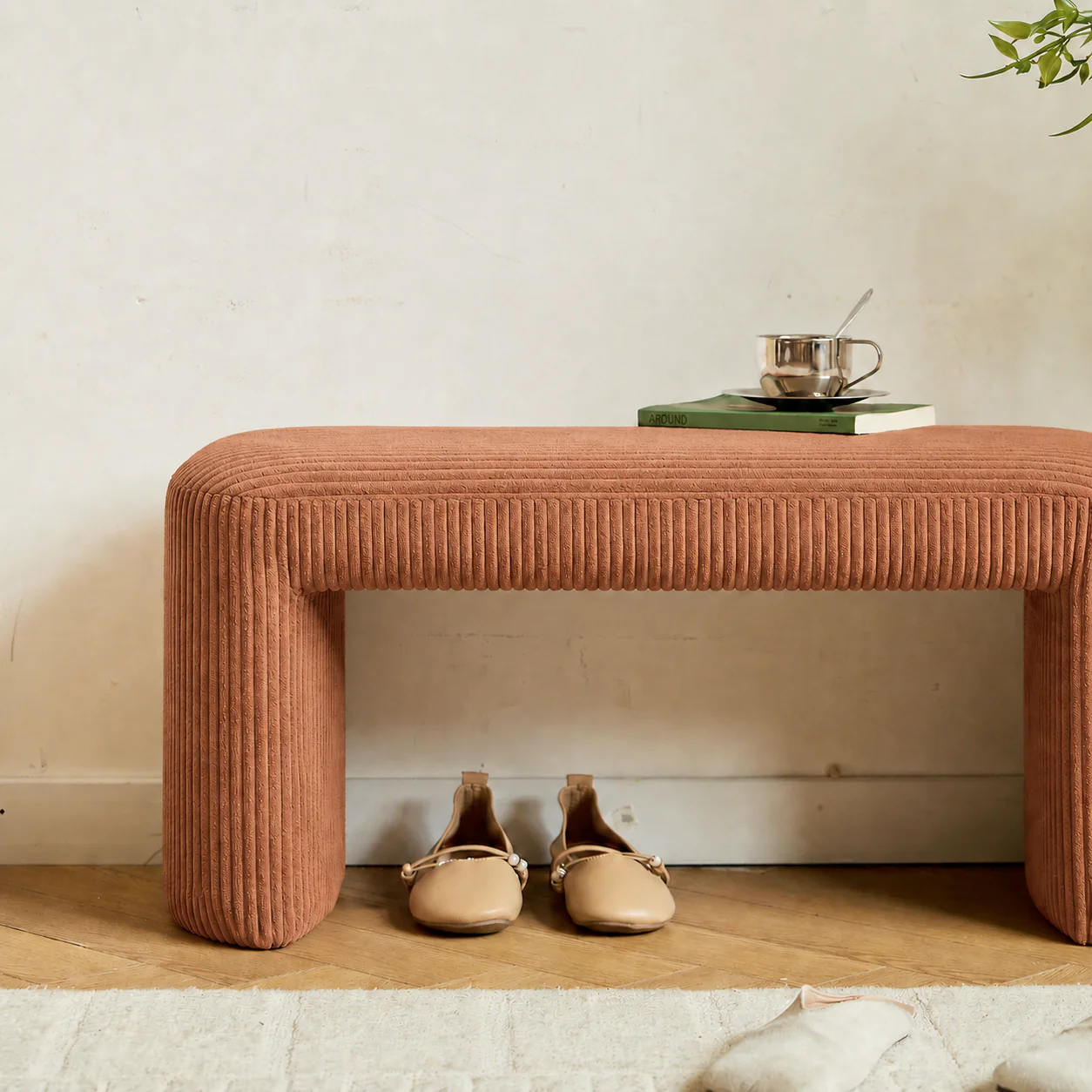RIGA - Banc style scandinave en velours côtelé terracotta - Image 3