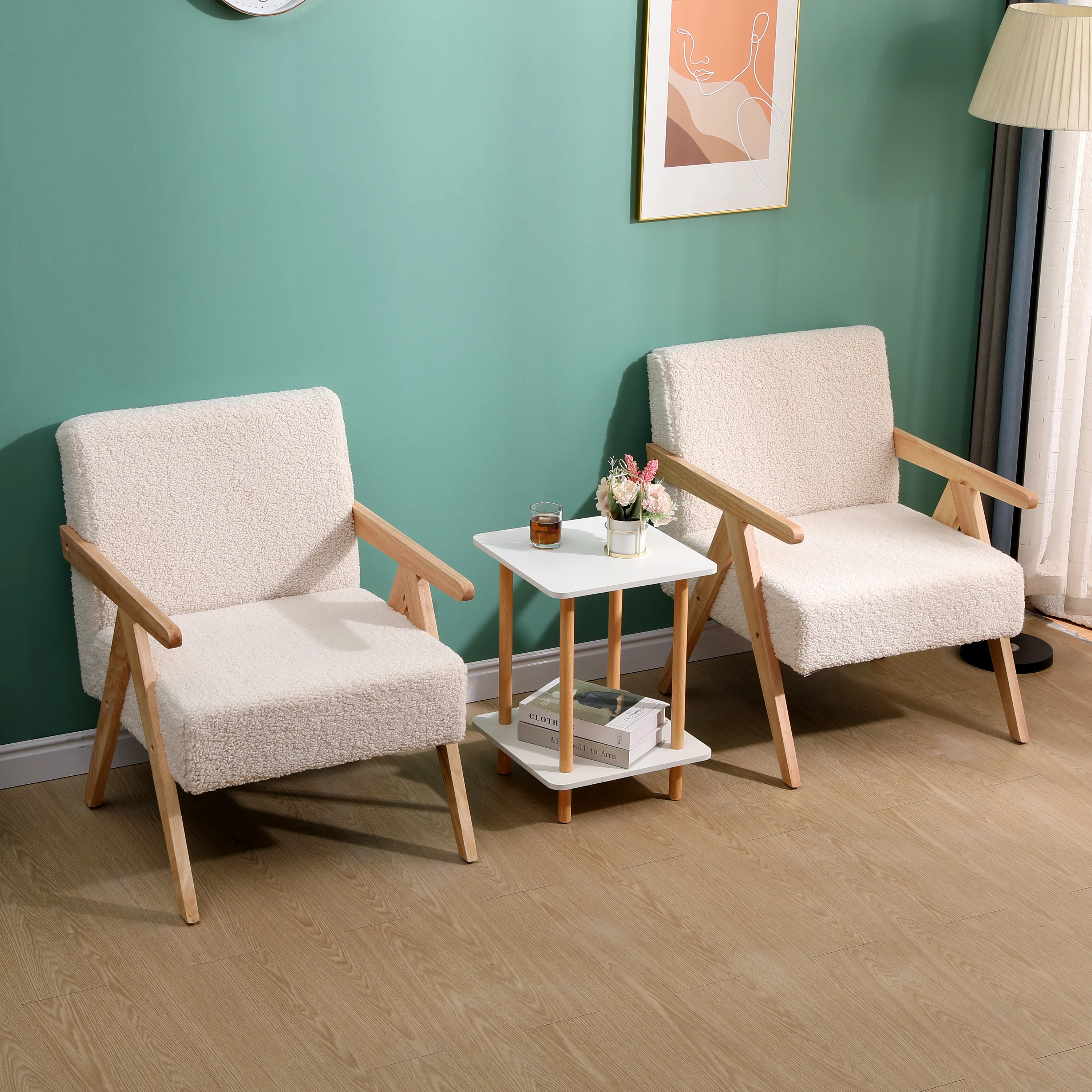 SANTAREM - Fauteuil de salon en bois massif et bouclettes blanches - Image 6