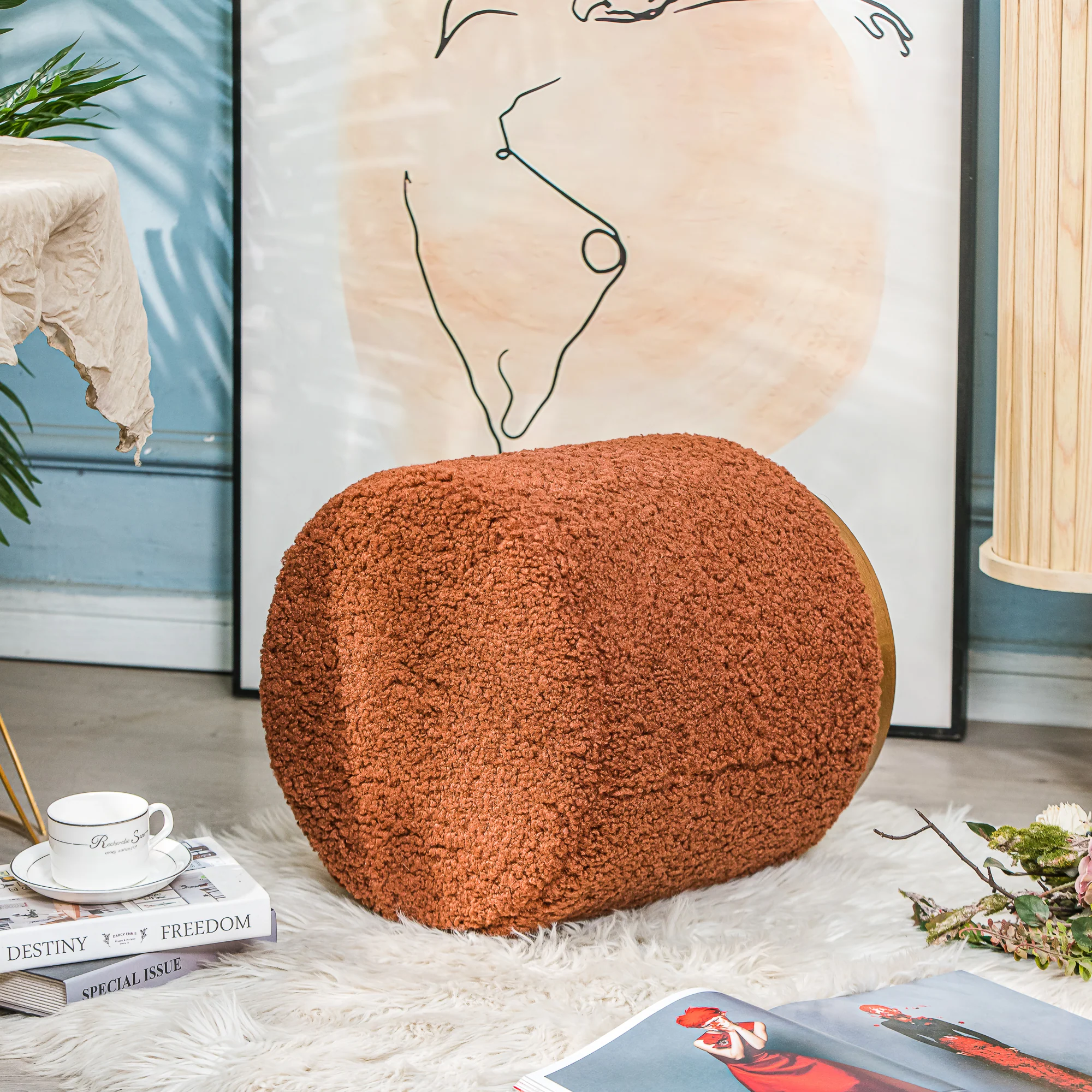 SOKA - Pouf en bouclettes terracotta et base en bois - Image 3