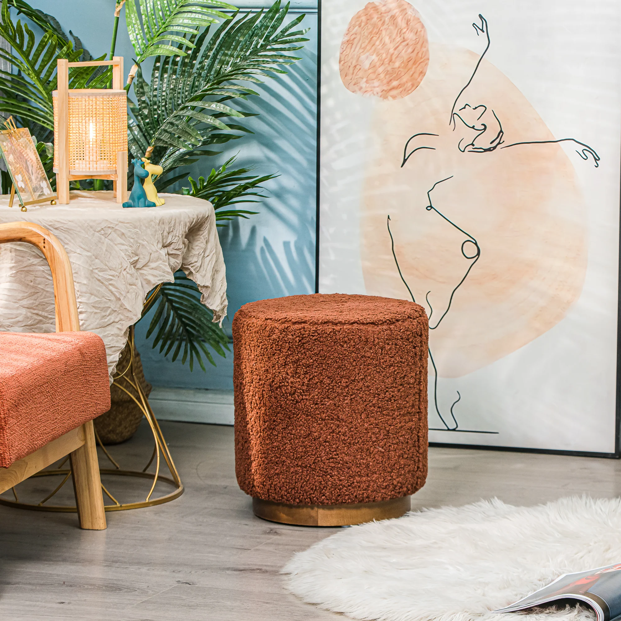 SOKA - Pouf en bouclettes terracotta et base en bois - Image 7