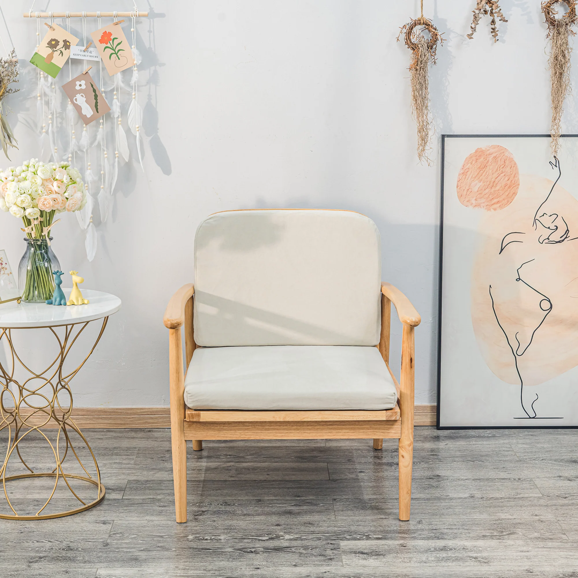 SURABAYA - Fauteuil de salon en bois massif et tissu beige - Image 10