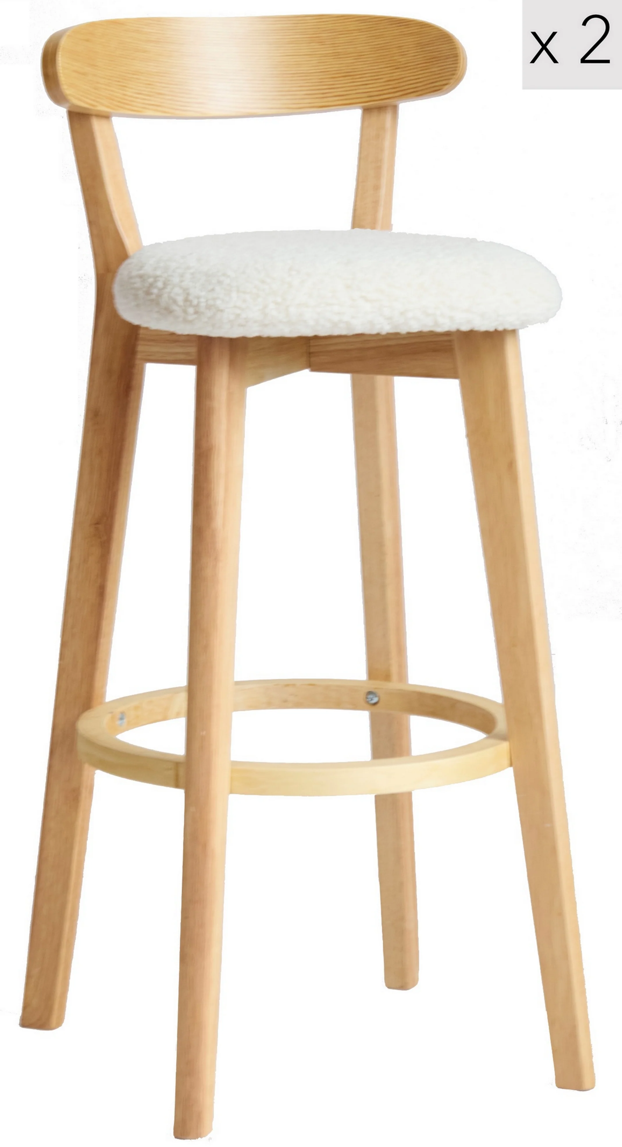VITORIA - Lot de 2 tabourets de bar en bois et bouclettes blanches - Image 8