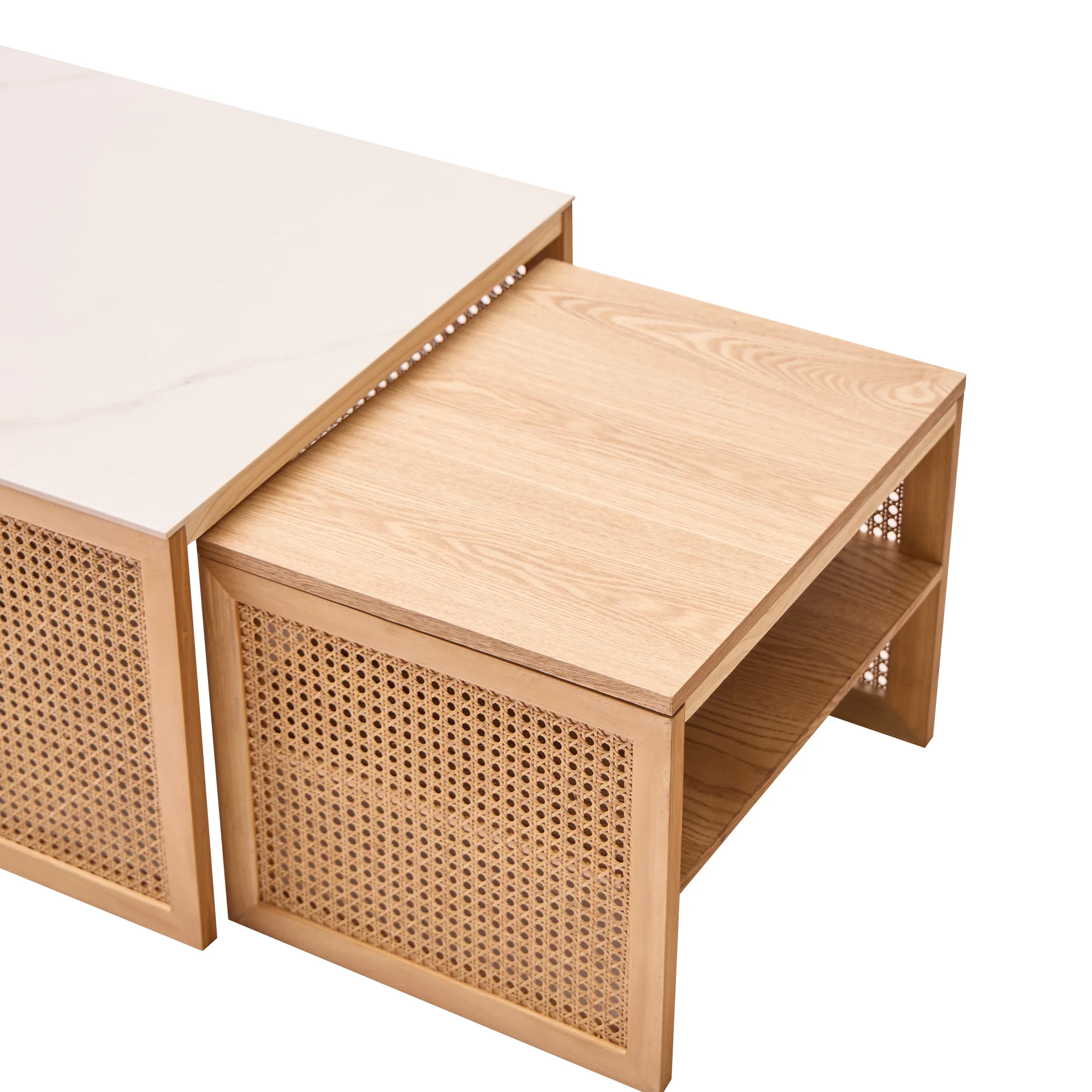 TROMSO - Set de 2 tables basses gigognes en rotin et plateau effet marbre - Image 8