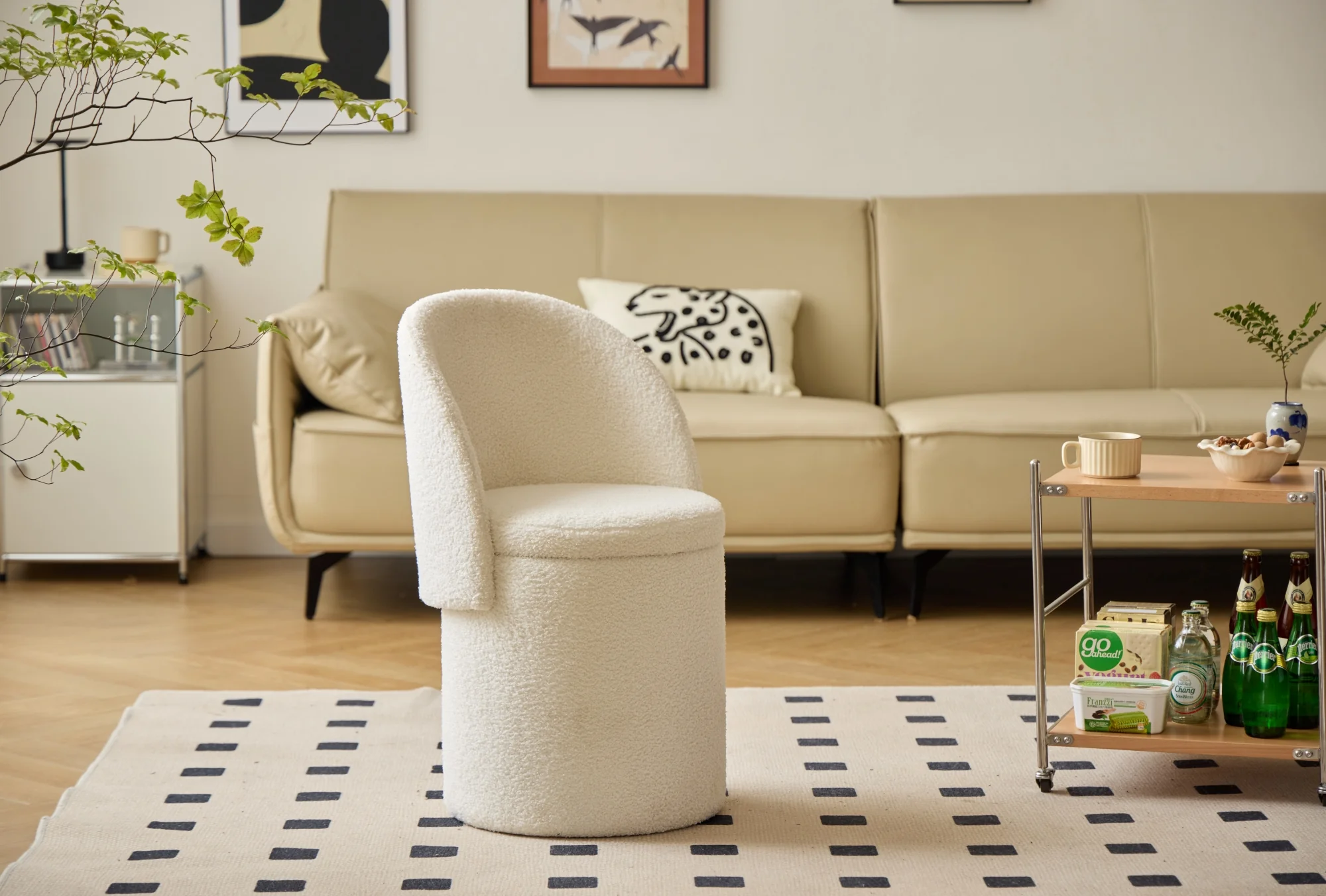 UMEA - Pouf avec dossier et rangement en bouclettes blanches - Image 3