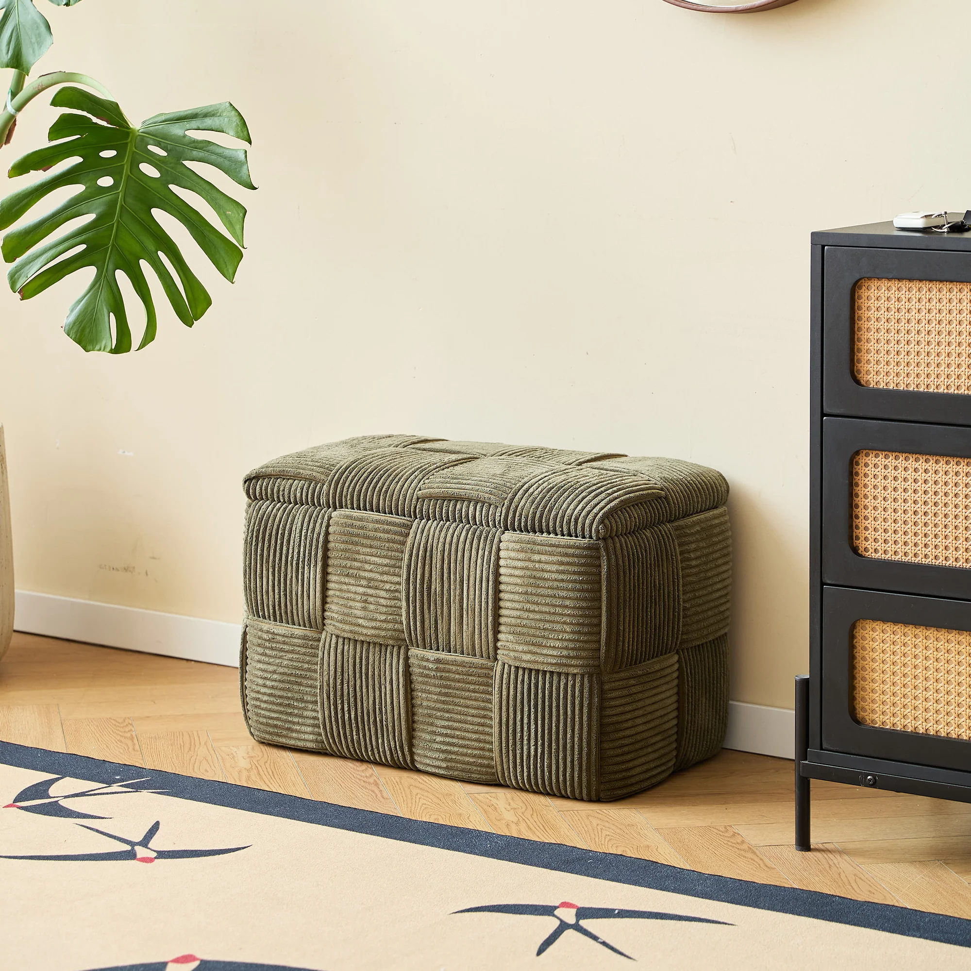VANERN - Banc avec rangement en velours côtelé vert