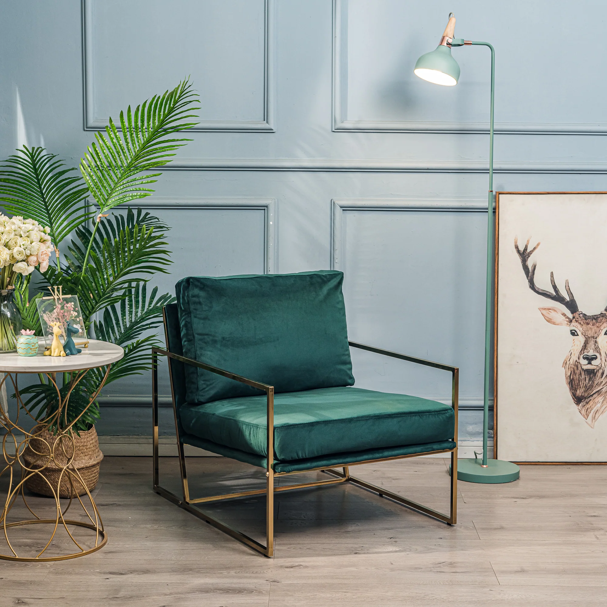 VIBORG - Fauteuil de salon en métal et velours vert - Image 3